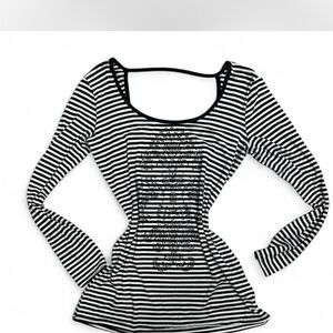 Cache Black and White Striped Long Sleeve Top